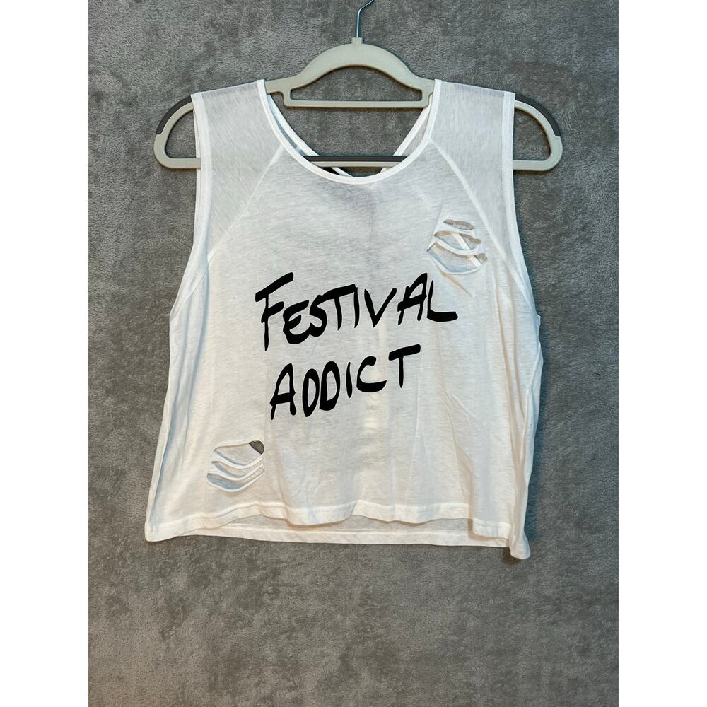 Minkpink Festival Addict Cropped T-Shirt Small White Thrashed Oversized